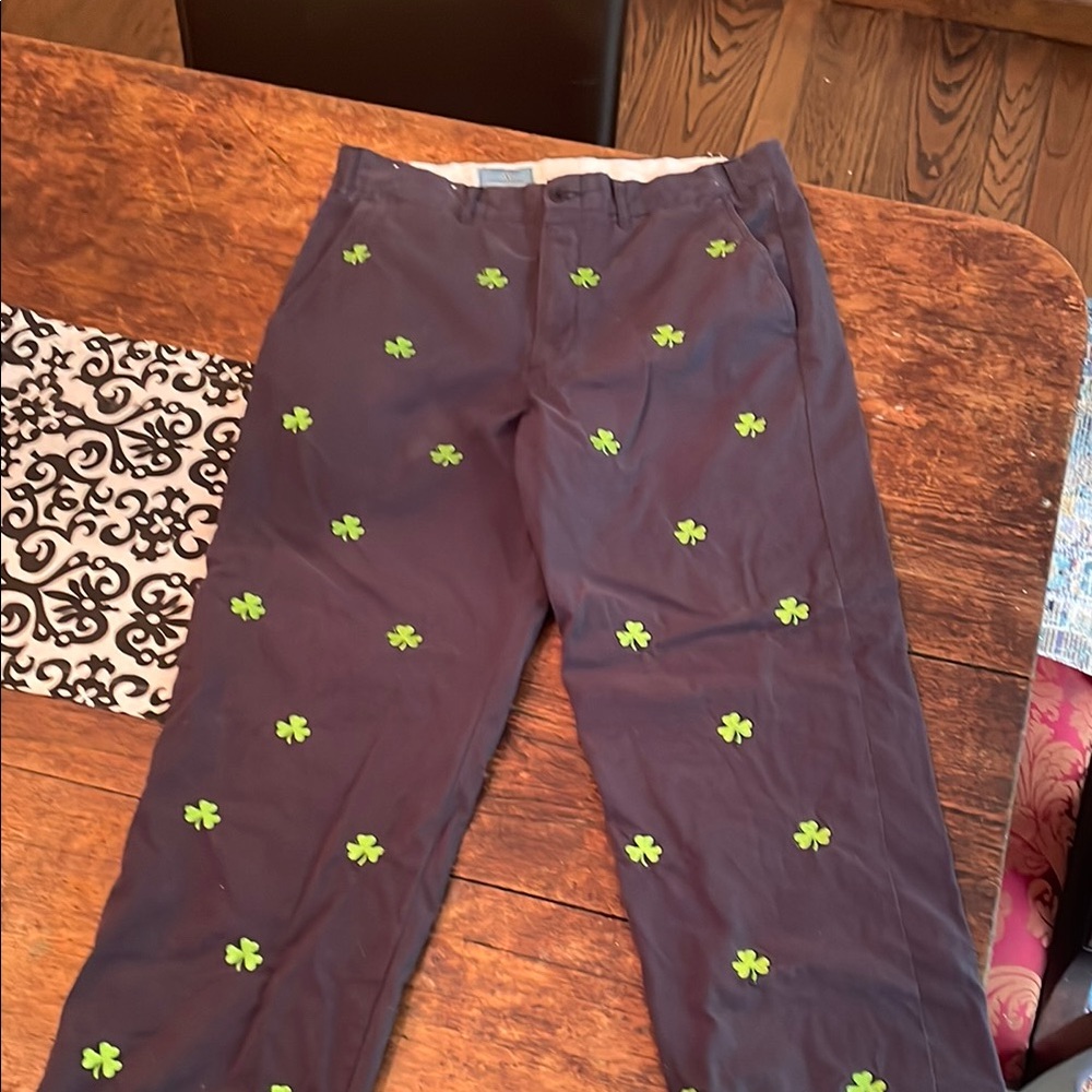 Navy Pants with Green Clover Embroidery